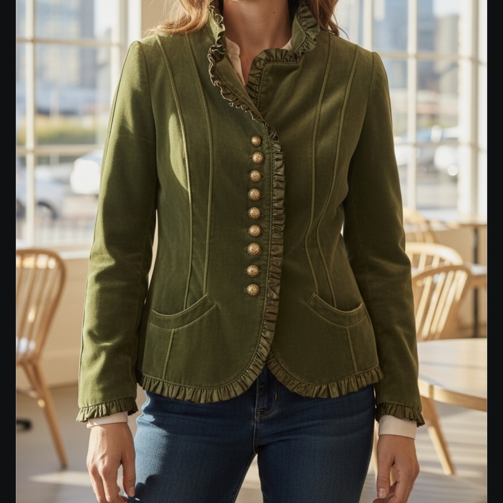 Susanne Spatt Salzburg Green Velvet Ruffle Jacket EU 36 Austrian Luxe Romantic